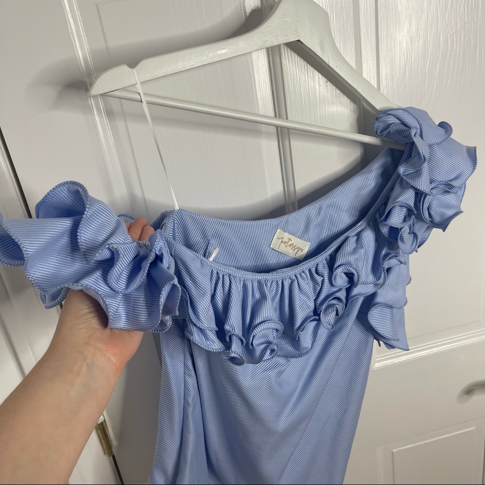 Petersyn Arabella Ruffled One Shoulder Light Blue & White Stripe Blouse Top - Picture 6 of 10